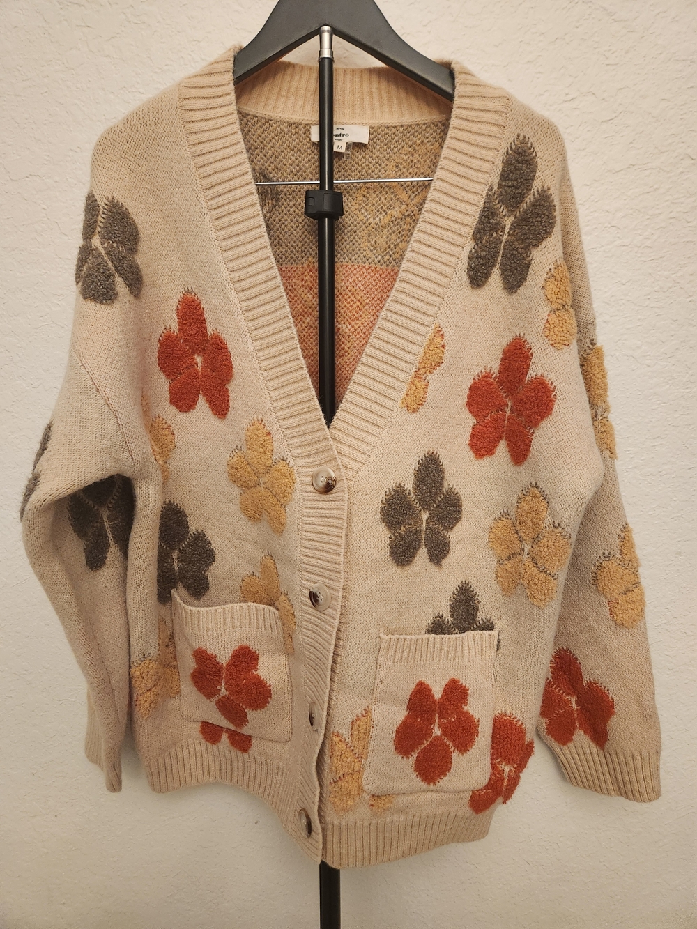 entro Beige Floral Jacquard Button Cardigan, Medium